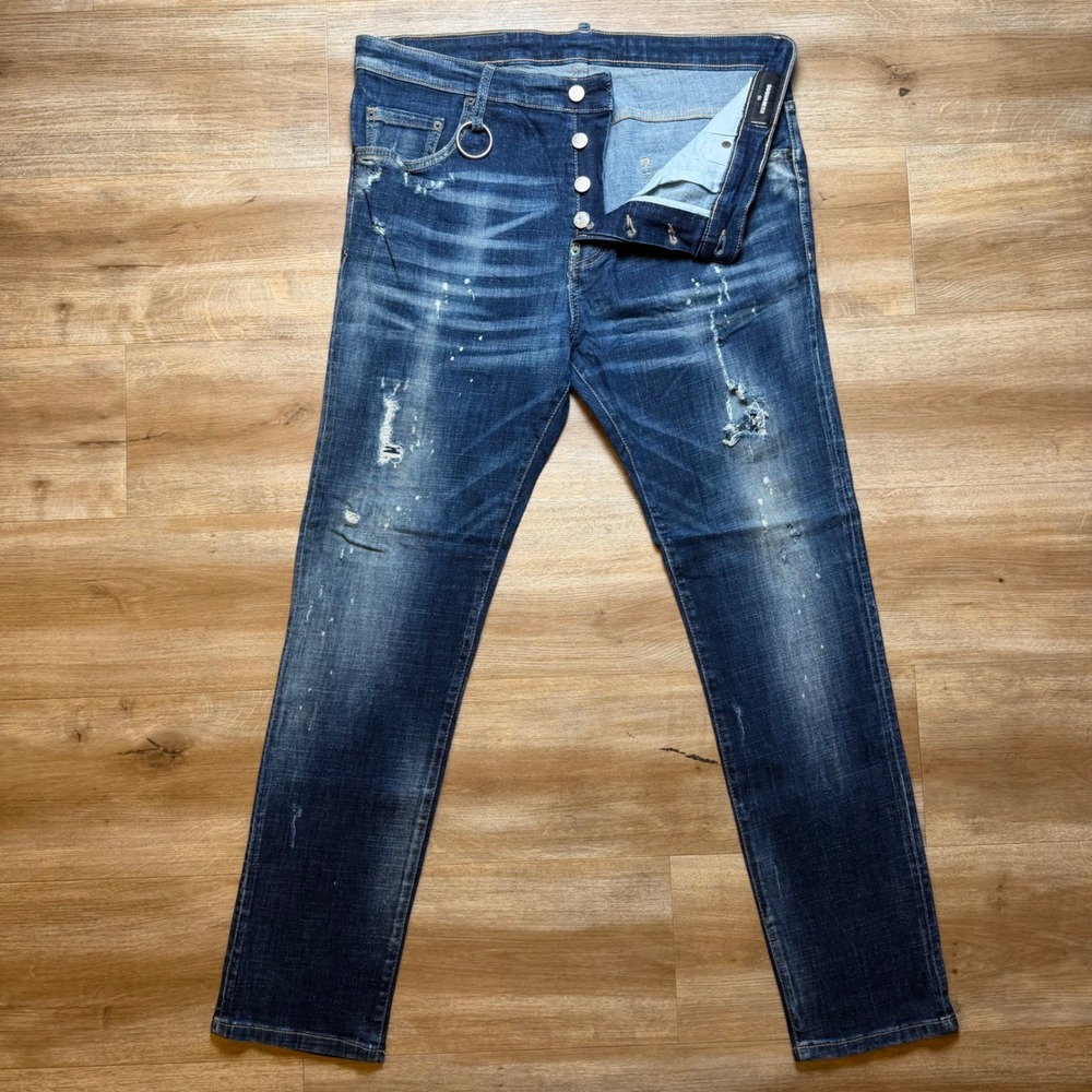 Dsquared2 Cool Guy Jeans Mens 52 Blue Distressed Paint Splatter Button Fly Denim